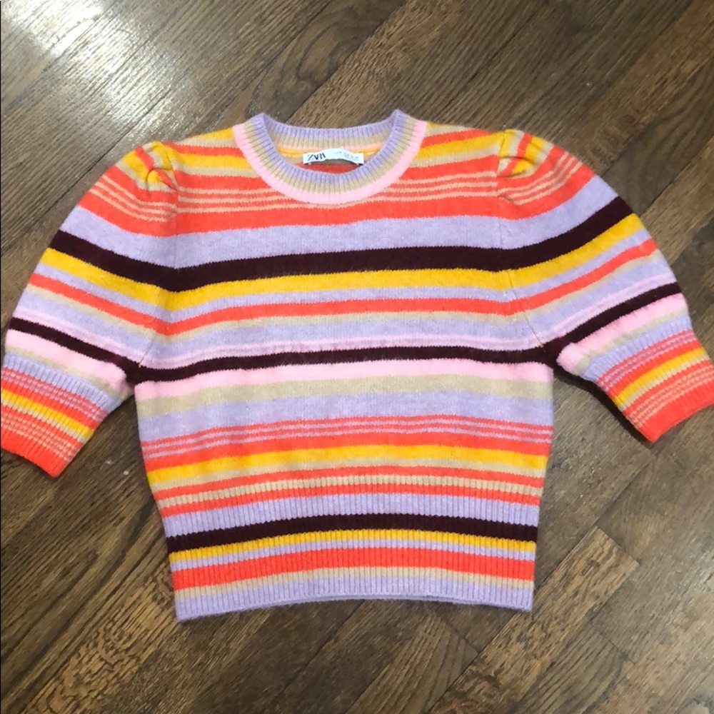Zara Puff Sleeve Multicolor Stripe Sweater Top